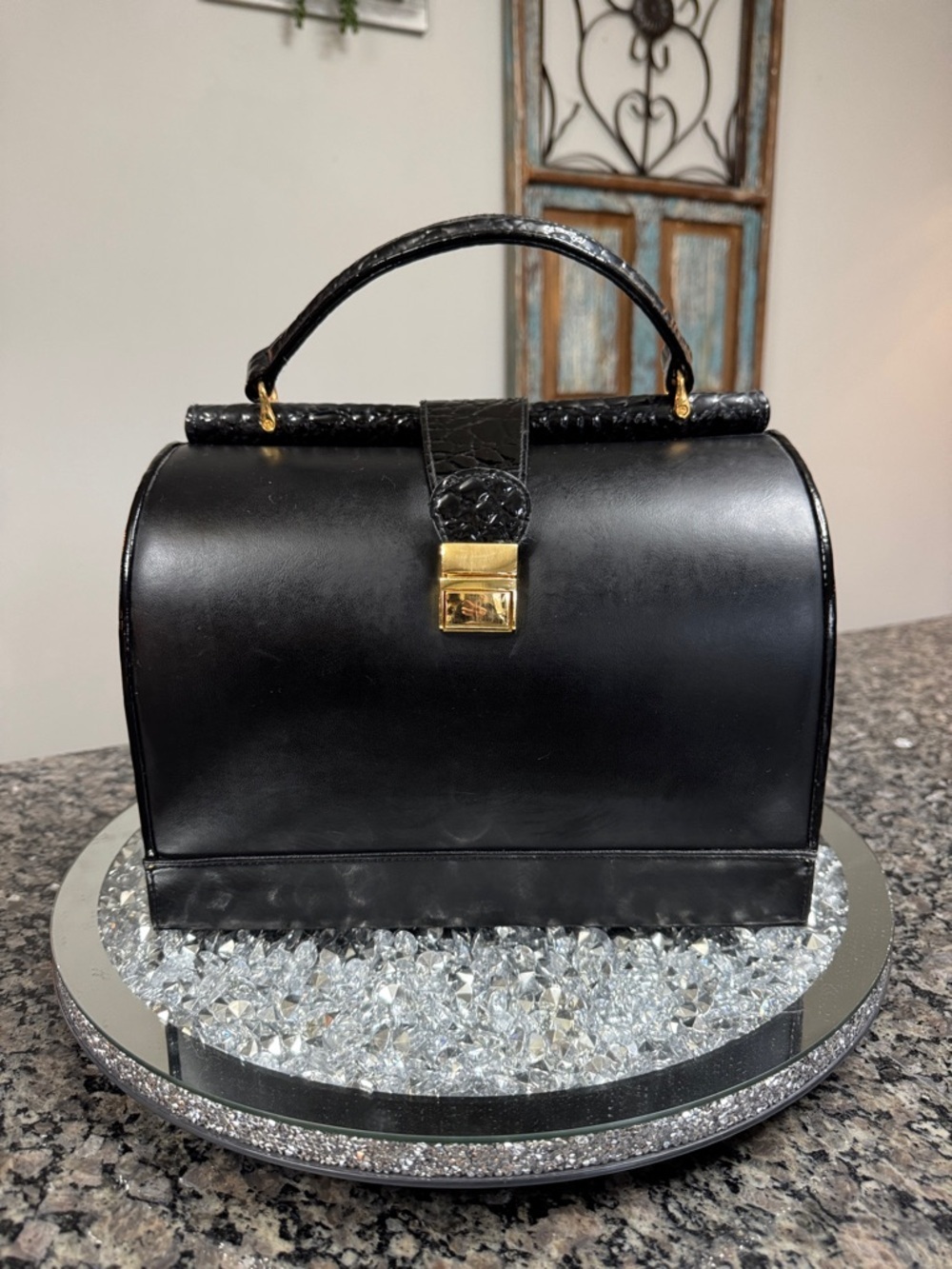 Black Structured Top-Handle Cosmetic Case with Gold Lock